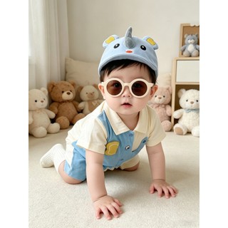 0-24M Bé Trai Mùa Hè Áo Liền Quần Màu Xanh Be Tương Phản Voi Cotton Mềm Mại Sơ Sinh Body Có Mũ Voi