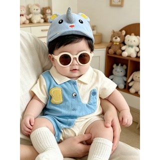 0-24M Bé Trai Mùa Hè Áo Liền Quần Màu Xanh Be Tương Phản Voi Cotton Mềm Mại Sơ Sinh Body Có Mũ Voi