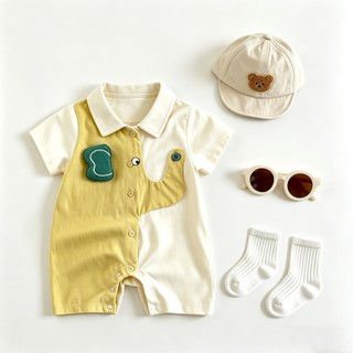0-24M Bé Trai Mùa Hè Áo Liền Quần Màu Xanh Be Tương Phản Voi Cotton Mềm Mại Sơ Sinh Body Có Mũ Voi