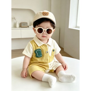 0-24M Bé Trai Mùa Hè Áo Liền Quần Màu Vàng Màu Be Tương Phản Gấu Cotton Mềm Mại Sơ Sinh Body Có Mũ Gấu