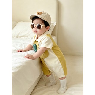 0-24M Bé Trai Mùa Hè Áo Liền Quần Màu Vàng Màu Be Tương Phản Gấu Cotton Mềm Mại Sơ Sinh Body Có Mũ Gấu