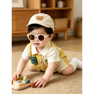 0-24M Bé Trai Mùa Hè Áo Liền Quần Màu Vàng Màu Be Tương Phản Gấu Cotton Mềm Mại Sơ Sinh Body Có Mũ Gấu