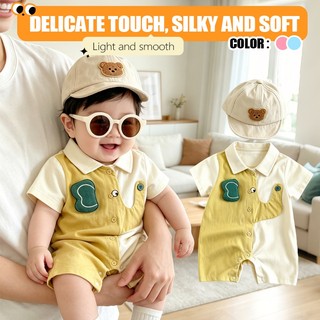 0-24M Bé Trai Mùa Hè Áo Liền Quần Màu Vàng Màu Be Tương Phản Gấu Cotton Mềm Mại Sơ Sinh Body Có Mũ Gấu
