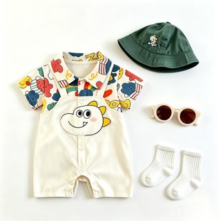 Bộ trang phục áo liền quần cho bé - Bộ đồ liền thân gấu cầu vồng sọc vàng + Tất MAMA + Mũ vịt, Quần áo sơ sinh thoáng khí Cotton