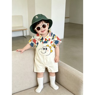 0-24M Bé Trai Mùa Hè Áo Liền Quần Nhiều Màu Sắc In Hình Hoạt Hình Giả Hai Mảnh Cotton Mềm Mại Sơ Sinh Body Với Mũ Xô Khủng Long