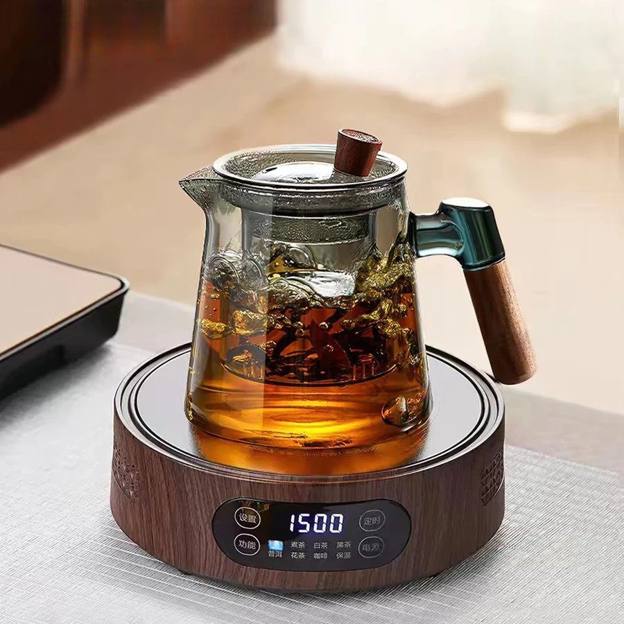Ấm Trà Thủy Tinh Chịu Nhiệt Cao Cấp 550ml - Tay Cầm Gỗ Óc Chó Sang Trọng, Pha Trà Xanh/Hoa Quả, Quà Tặng Ý Nghĩa