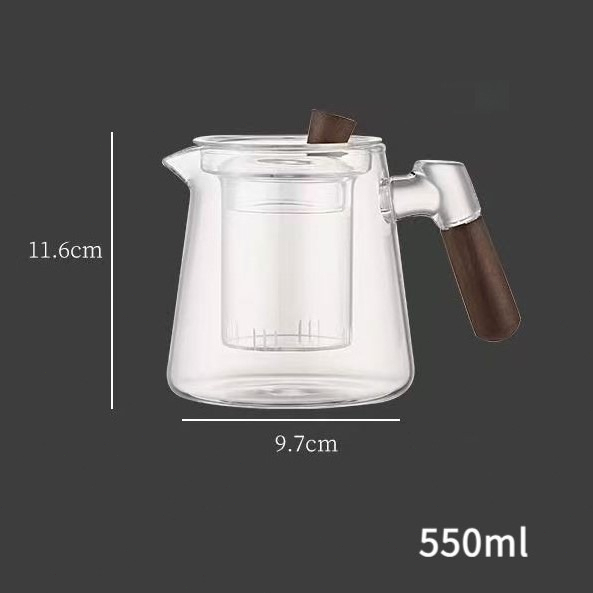 Ấm Trà Thủy Tinh Chịu Nhiệt Cao Cấp 550ml - Tay Cầm Gỗ Óc Chó Sang Trọng, Pha Trà Xanh/Hoa Quả, Quà Tặng Ý Nghĩa