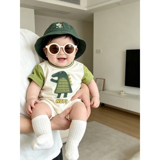 0-24M Bé Trai Mùa Hè Áo Liền Quần Trắng Xanh Tương Phản 3D Cá Sấu Cotton Mềm Mại Sơ Sinh Body Với Khủng Long Mũ Xô