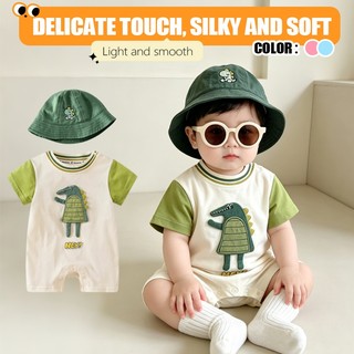 0-24M Bé Trai Mùa Hè Áo Liền Quần Trắng Xanh Tương Phản 3D Cá Sấu Cotton Mềm Mại Sơ Sinh Body Với Khủng Long Mũ Xô