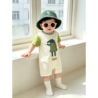 0-24M Bé Trai Mùa Hè Áo Liền Quần Trắng Xanh Tương Phản 3D Cá Sấu Cotton Mềm Mại Sơ Sinh Body Với Khủng Long Mũ Xô
