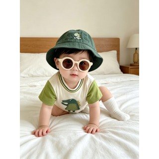 0-24M Bé Trai Mùa Hè Áo Liền Quần Trắng Xanh Tương Phản 3D Cá Sấu Cotton Mềm Mại Sơ Sinh Body Với Khủng Long Mũ Xô