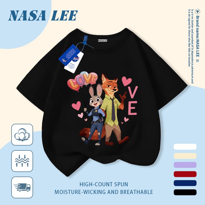 【Giao hàng trong ngày】 Áo thun trẻ em NASA cotton trắng thoáng khí in hình cáo và thỏ thời trang, tay ngắn thoải mái cho bé 3-16 tuổi cả trai và gái.