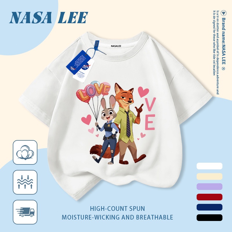 【Giao hàng trong ngày】 Áo thun trẻ em NASA cotton trắng thoáng khí in hình cáo và thỏ thời trang, tay ngắn thoải mái cho bé 3-16 tuổi cả trai và gái.