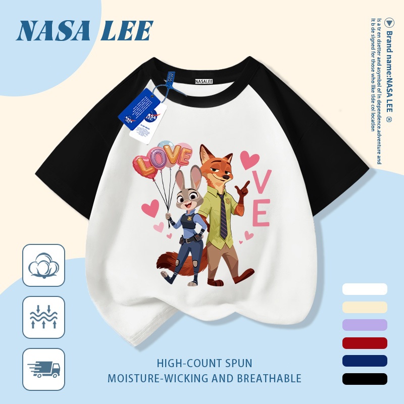 【Giao hàng trong ngày】 Áo thun trẻ em NASA cotton trắng thoáng khí in hình cáo và thỏ thời trang, tay ngắn thoải mái cho bé 3-16 tuổi cả trai và gái.