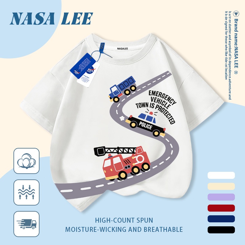 【Giao hàng trong ngày】 Áo thun trẻ em NASA cotton trắng thoáng khí in hình ô tô và đường phố thời trang, tay ngắn thoải mái cho bé 3-16 tuổi cả trai và gái.