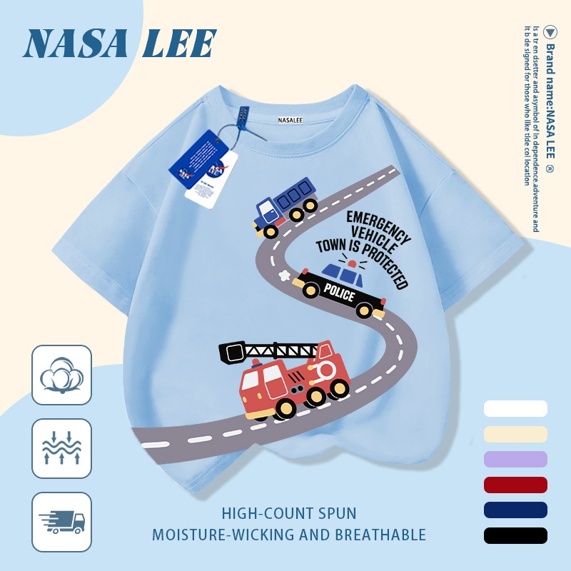 【Giao hàng trong ngày】 Áo thun trẻ em NASA cotton trắng thoáng khí in hình ô tô và đường phố thời trang, tay ngắn thoải mái cho bé 3-16 tuổi cả trai và gái.