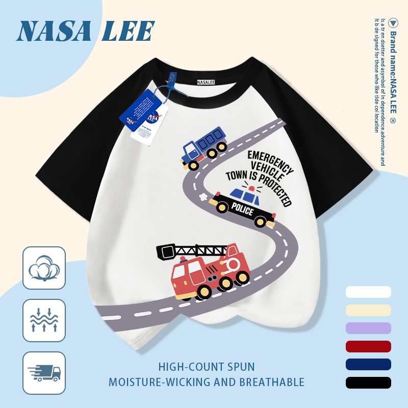 【Giao hàng trong ngày】 Áo thun trẻ em NASA cotton trắng thoáng khí in hình ô tô và đường phố thời trang, tay ngắn thoải mái cho bé 3-16 tuổi cả trai và gái.