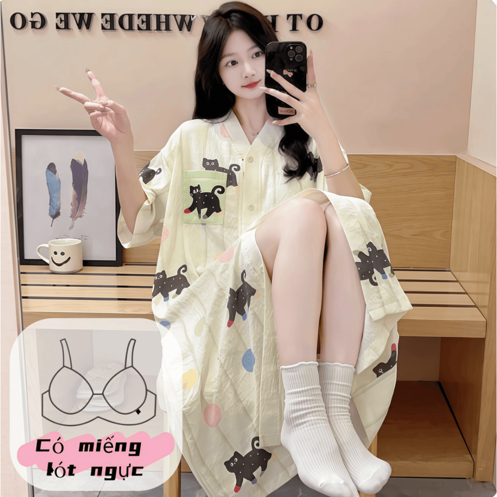 【Có miếng độn ngực】Áo ngủ nữ cổ chữ V phong cách mới in hình dễ thương chất cotton mềm mại thoáng mát rộng rãi tôn dáng ngọt ngào chi tiết lụa sang trọng mặc nhà mặc ngoài được，