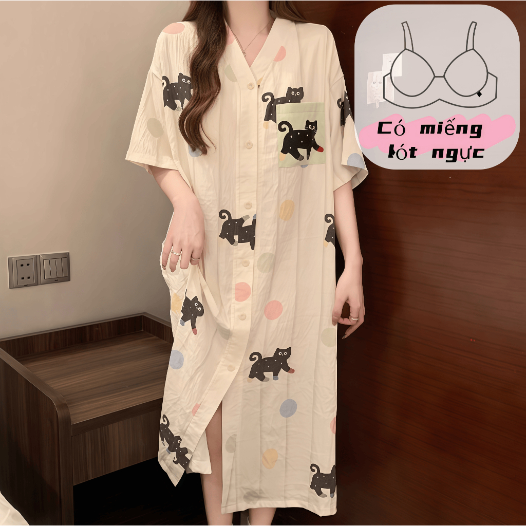 【Có miếng độn ngực】Áo ngủ nữ cổ chữ V phong cách mới in hình dễ thương chất cotton mềm mại thoáng mát rộng rãi tôn dáng ngọt ngào chi tiết lụa sang trọng mặc nhà mặc ngoài được，