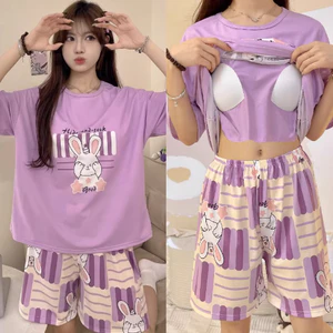 【Có miếng lót ngực】Áo ngủ nữ mặc ở nhà hoặc đi chơi, mùa hè mới, in hình dễ thương, chất liệu cotton thoải mái, rộng rãi, mặc đẹp dáng gọn, kiểu cơ bản.