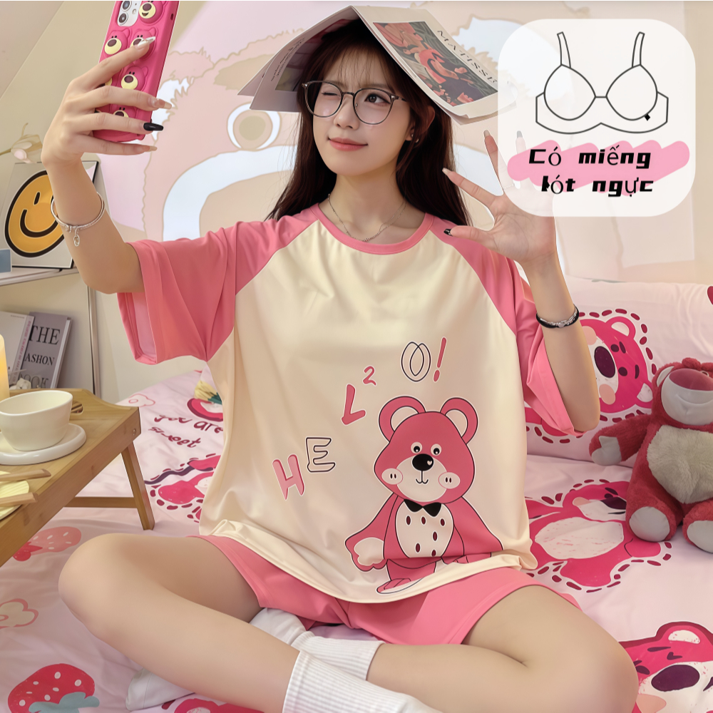 【Có miếng lót ngực】Áo ngủ nữ mặc ở nhà hoặc đi chơi, mùa hè mới, in hình dễ thương, chất liệu cotton thoải mái, rộng rãi, mặc đẹp dáng gọn, kiểu cơ bản.