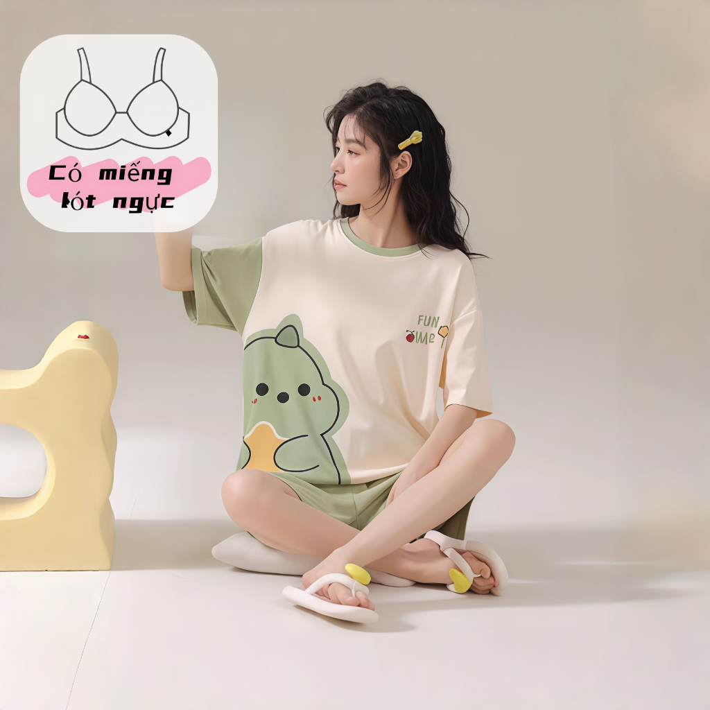 【Có miếng lót ngực】Áo ngủ nữ mặc ở nhà hoặc đi chơi, mùa hè mới, in hình dễ thương, chất liệu cotton thoải mái, rộng rãi, mặc đẹp dáng gọn, kiểu cơ bản.