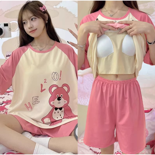 【Có miếng lót ngực】Áo ngủ nữ mặc ở nhà hoặc đi chơi, mùa hè mới, in hình dễ thương, chất liệu cotton thoải mái, rộng rãi, mặc đẹp dáng gọn, kiểu cơ bản.