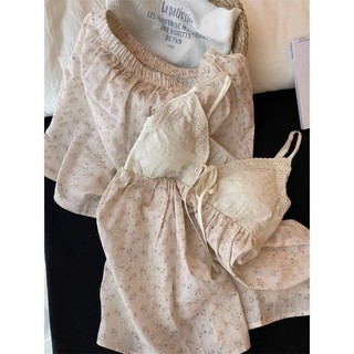 Hoa có đệm ngực treo đồ ngủ nữ Bộ viền ren cổ chữ V