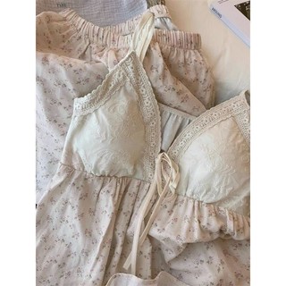 Hoa có đệm ngực treo đồ ngủ nữ Bộ viền ren cổ chữ V
