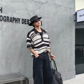 Thời Trang Phù Hợp Với Màu Đen Trắng Sọc Rỗng Dệt Kim Áo Sơ Mi Nam Mùa Hè Cotton Nguyên Chất Cao Cấp Yuppie Tay Ngắn