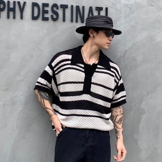 Thời Trang Phù Hợp Với Màu Đen Trắng Sọc Rỗng Dệt Kim Áo Sơ Mi Nam Mùa Hè Cotton Nguyên Chất Cao Cấp Yuppie Tay Ngắn