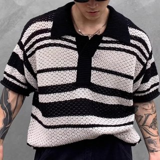 Thời Trang Phù Hợp Với Màu Đen Trắng Sọc Rỗng Dệt Kim Áo Sơ Mi Nam Mùa Hè Cotton Nguyên Chất Cao Cấp Yuppie Tay Ngắn