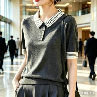 Áo thun dệt kim nữ phong cách mới cổ polo phù hợp với mọi trận đấu màu xám đậm tay ngắn mùa hè phong cách mỏng phiên bản Hàn Quốc đi lại