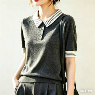 Áo thun dệt kim nữ phong cách mới cổ polo phù hợp với mọi trận đấu màu xám đậm tay ngắn mùa hè phong cách mỏng phiên bản Hàn Quốc đi lại