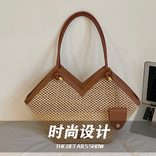 Túi tote dệt rơm sức chứa lớn, đeo vai, phong cách mới