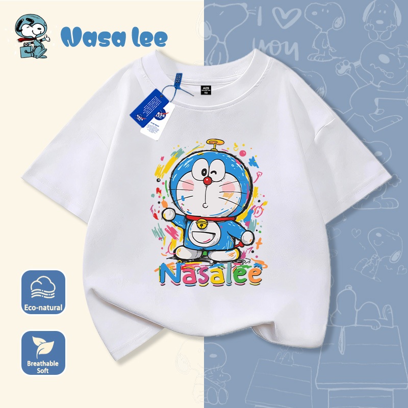 Áo thun ngắn tay cotton in hình Doraemon phiên bản hợp tác với NASA, dành cho bé trai và bé gái, chất liệu thoáng mát mùa hè, kiểu dáng đáng yêu dành cho trẻ em từ 3-14 tuổi