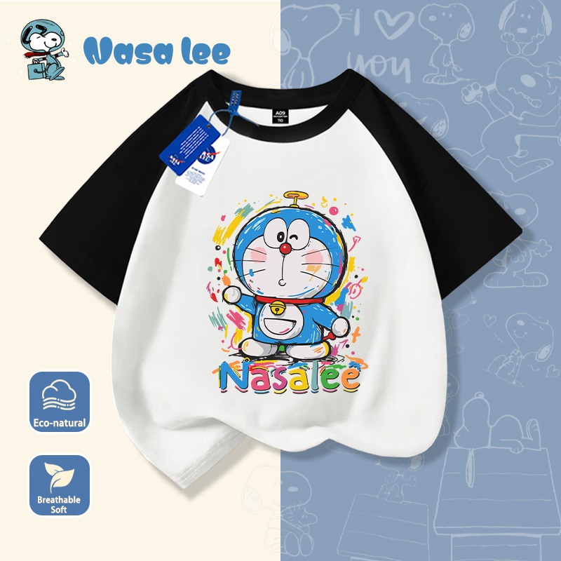 Áo thun ngắn tay cotton in hình Doraemon phiên bản hợp tác với NASA, dành cho bé trai và bé gái, chất liệu thoáng mát mùa hè, kiểu dáng đáng yêu dành cho trẻ em từ 3-14 tuổi