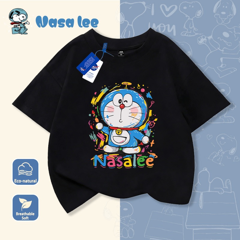 Áo thun ngắn tay cotton in hình Doraemon phiên bản hợp tác với NASA, dành cho bé trai và bé gái, chất liệu thoáng mát mùa hè, kiểu dáng đáng yêu dành cho trẻ em từ 3-14 tuổi