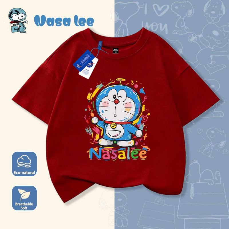 Áo thun ngắn tay cotton in hình Doraemon phiên bản hợp tác với NASA, dành cho bé trai và bé gái, chất liệu thoáng mát mùa hè, kiểu dáng đáng yêu dành cho trẻ em từ 3-14 tuổi