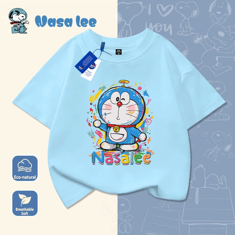 Áo thun ngắn tay cotton in hình Doraemon phiên bản hợp tác với NASA, dành cho bé trai và bé gái, chất liệu thoáng mát mùa hè, kiểu dáng đáng yêu dành cho trẻ em từ 3-14 tuổi
