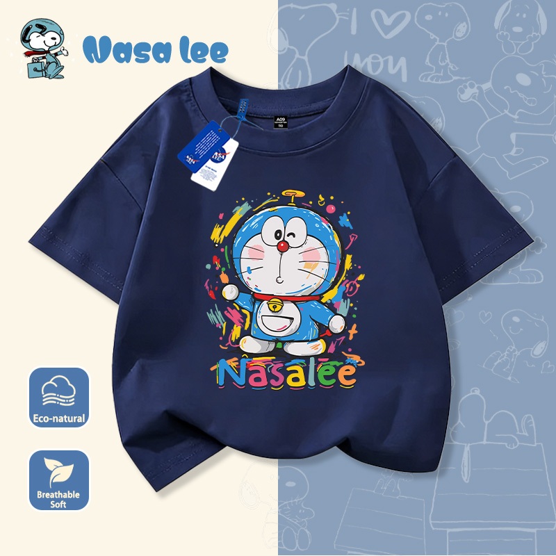 Áo thun ngắn tay cotton in hình Doraemon phiên bản hợp tác với NASA, dành cho bé trai và bé gái, chất liệu thoáng mát mùa hè, kiểu dáng đáng yêu dành cho trẻ em từ 3-14 tuổi