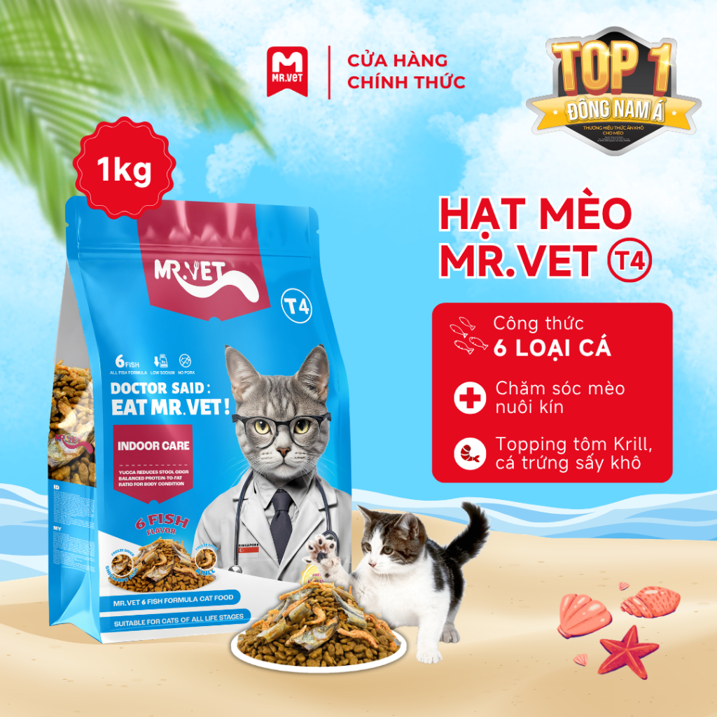 Thức ăn cho mèo MRVET T4 mới 1kg Công thức 6 loại cá Cá ngừ, Cá hồi, Cá Bonito, Cá trứng sấy,...