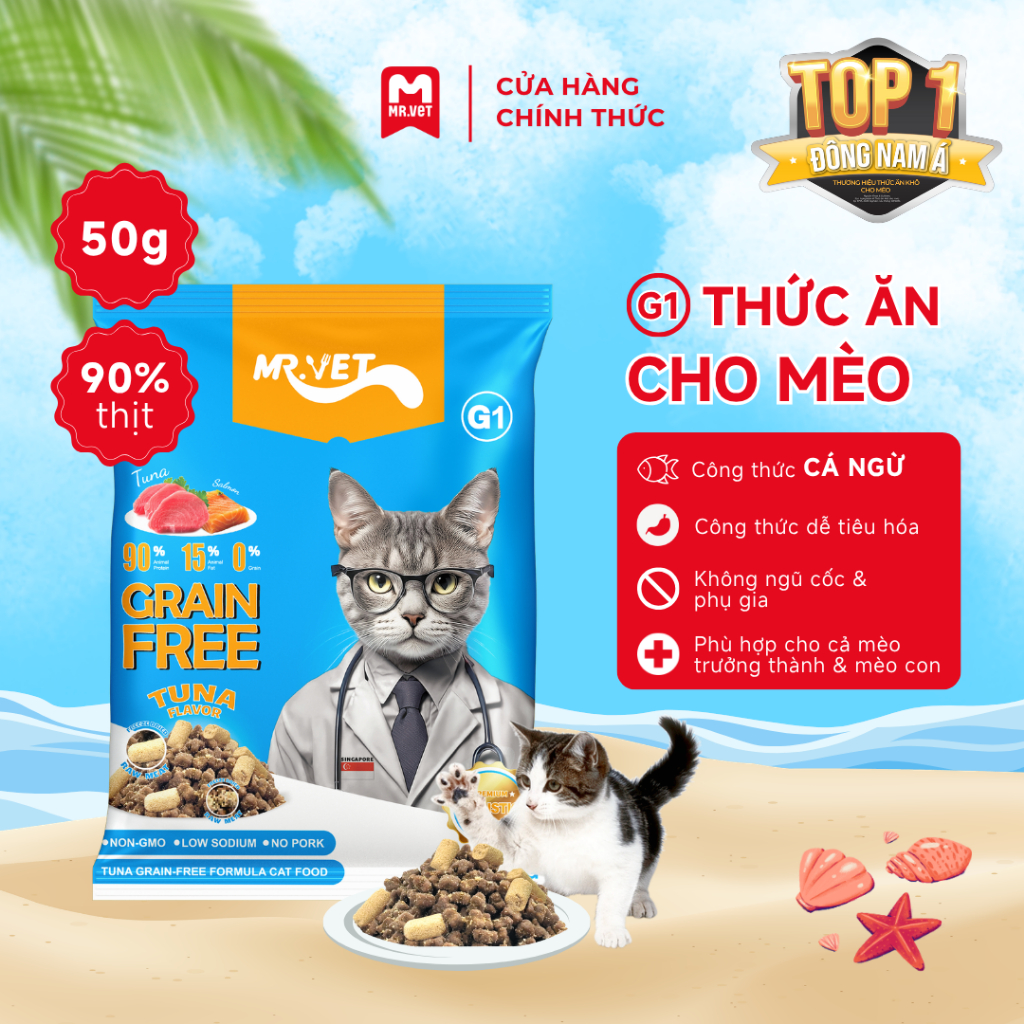 Thức ăn cho mèo MRVET G1 gói 50g hương cá ngừ không chứa ngũ cốc mix topping thịt sấy cao cấp