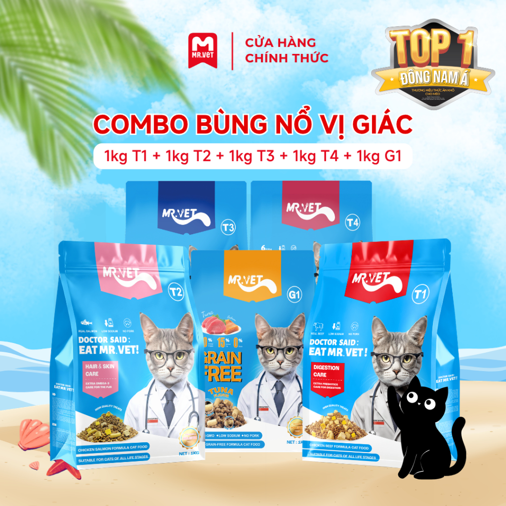 Thức ăn cho mèo Mrvet COMBO BÙNG NỔ VỊ GIÁC G1 + T1 + T2 + T3 + T4 Gói 1KG cho mèo mọi lứa tuổi