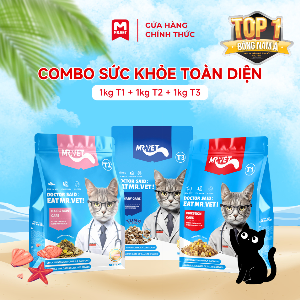 Hạt cho mèo Mrvet COMBO SỨC KHỎE TOÀN DIỆN với 32% protein cân bằng dinh dưỡng, cải thiện tiêu hóa