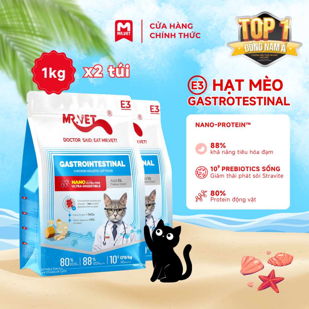 [MỚI] Hạt Cho Mèo MRVET E3 Combo 2 Gói 1KG Công Thức Protein Siêu Mịn, Chăm Sóc Hệ Tiêu Hóa Nhạy Cảm