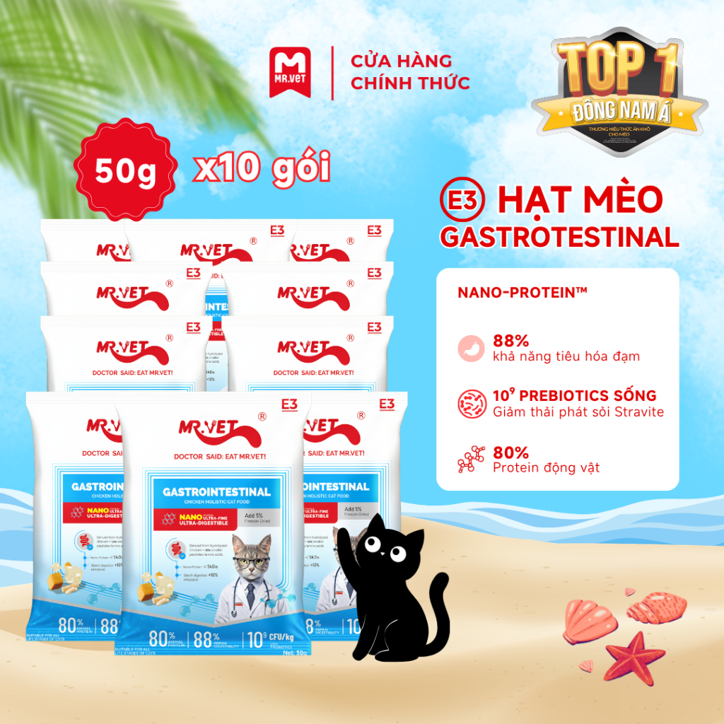 [MỚI] Hạt Cho Mèo MRVET E3 Combo 4,5 & 10 Gói 50G Công Thức Protein Siêu Mịn, Chăm Sóc Hệ Tiêu Hóa Nhạy Cảm