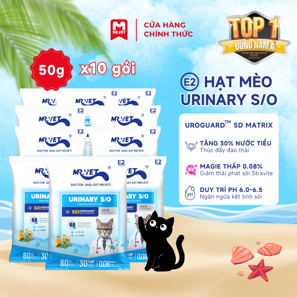 [MỚI] Hạt Cho Mèo MRVET E2 Combo 4,5 & 10 Gói 50G Chăm Sóc Tiết Niệu Đa Chiều, 80% Đạm Động Vật Cao Cấp