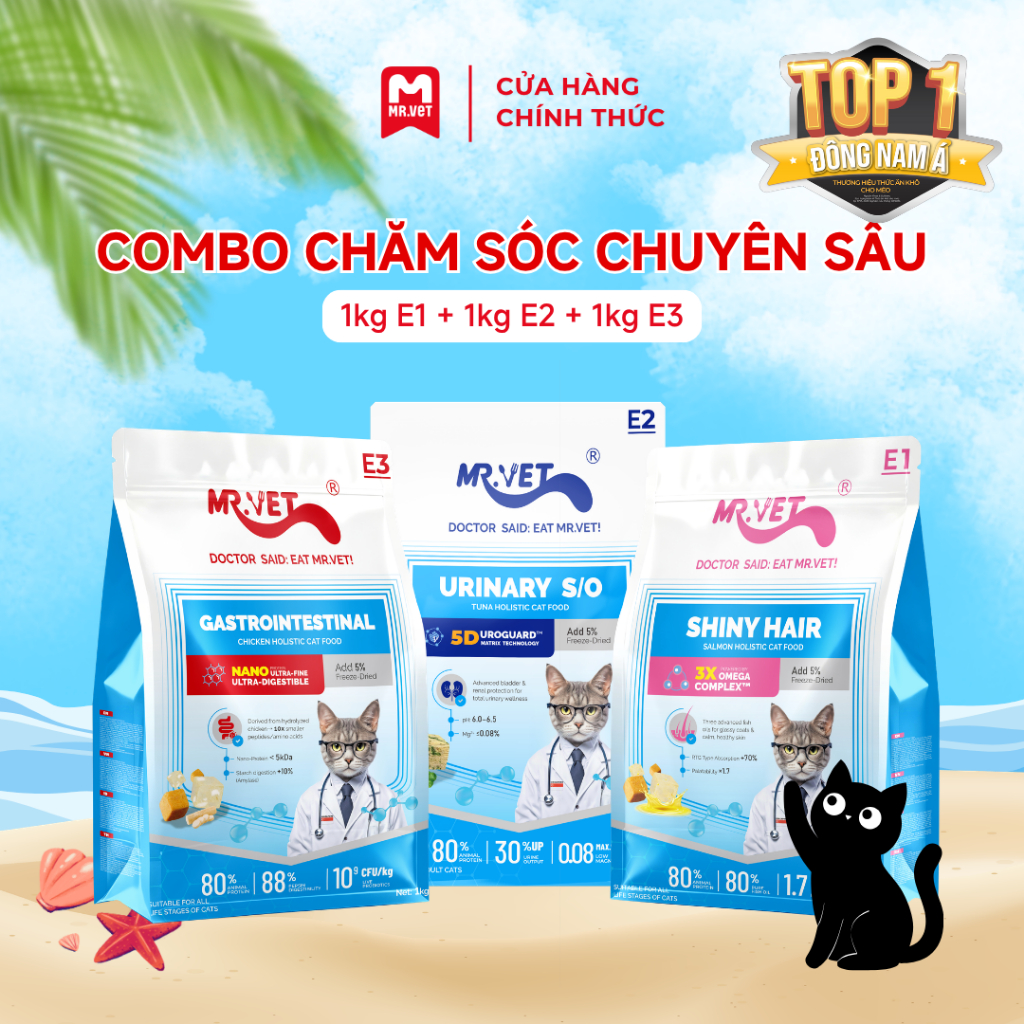 Hạt Cho Mèo MRVET Combo Mix E1, E2, E3 Chăm Sóc Chuyên Sâu, Mèo Ăn Ngon, Tiết Niệu Khỏe, Lông Bóng Mượt