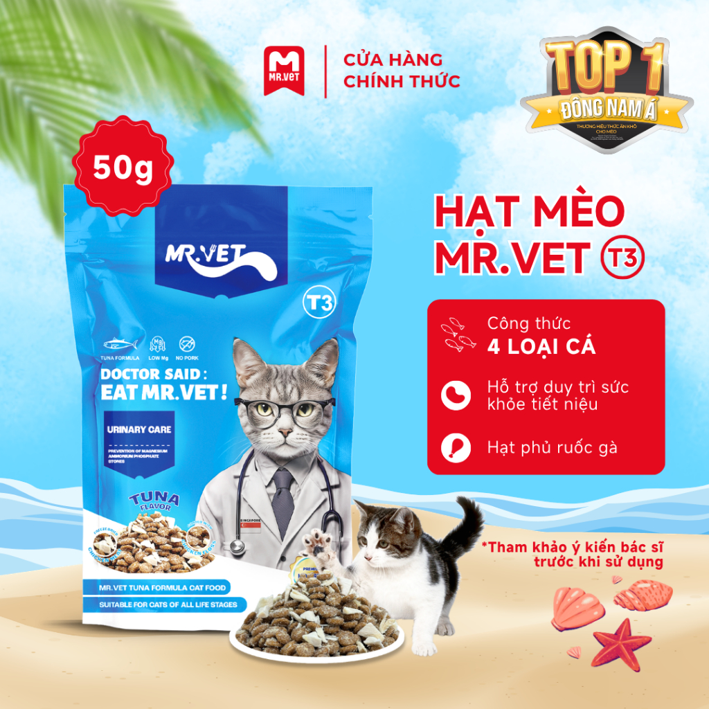 Thức ăn cho mèo hạt MRVET T3 toàn diện Túi 50g với 4 loại cá: cá ngừ, Cá thu, Cá bonito, cá cơm